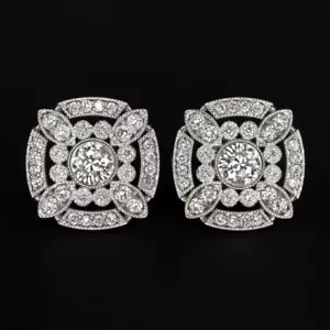 PENDIENTES STUD DIAMANTES NATURALES 0.9ct ESTILO VINTAGE ART DECO HALO ORO BLANCO 14k - Imagen 1 de 2