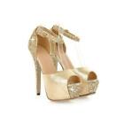 Womens Sequins Sandals Wedding Open Toe High Heel Buckle Strap Party Dress Shoes