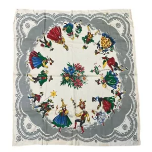 Vintage Christmas Tablecloth 30x33” Scandinavian Mid Century Holiday Dancers - Picture 1 of 11