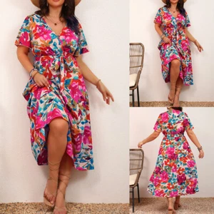 Plus Size Womens Boho Floral V-Neck Holiday Sundress Ladies Beach Midi Dress AU - Picture 1 of 18