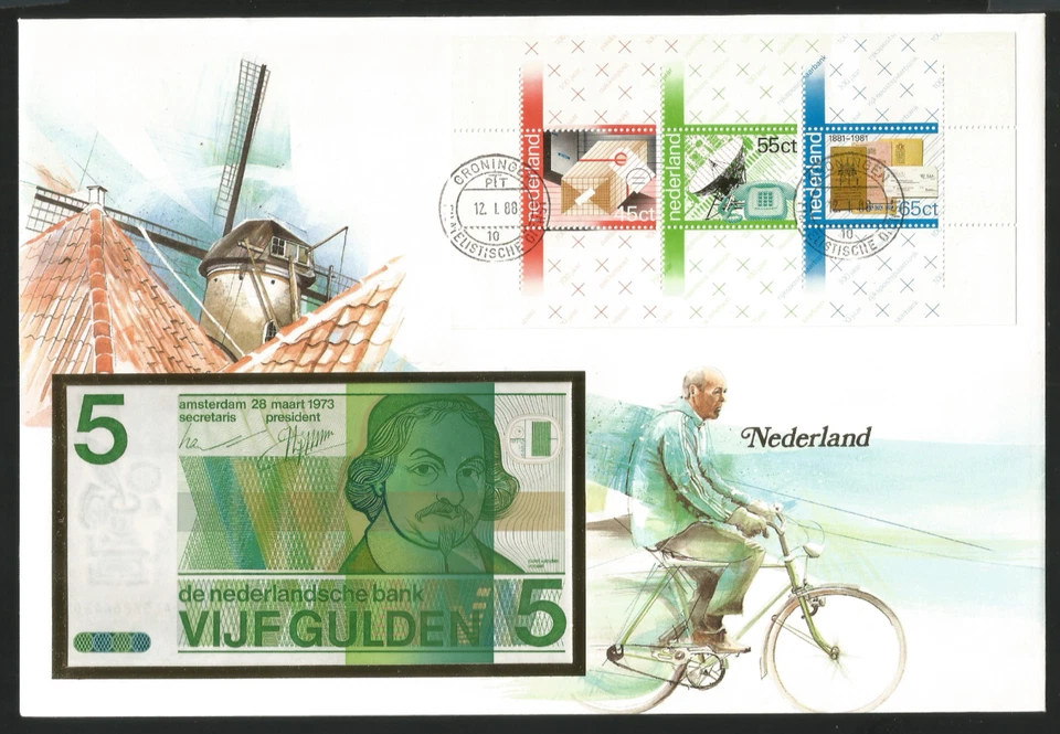 Netherlands 1988 Stamps FDC + Papermoney UNC 5 Gulden Groningen Philatelic - Image 1 of 1