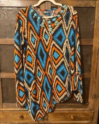 Double D Ranch Orange Blue And Yellow Tribal Print Top With Turquoise Stones - Image 1 of 4