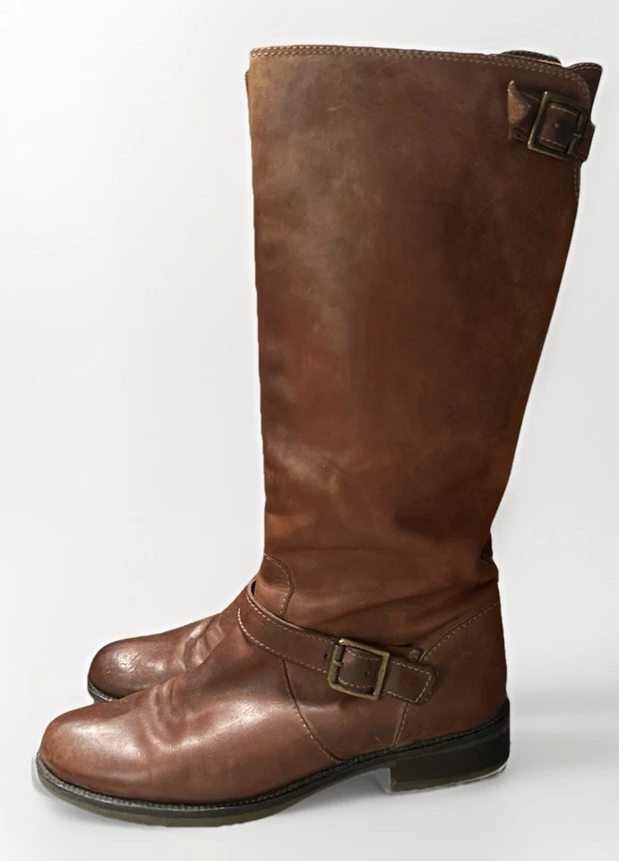 J.Crew Women’s Brown Leather Engineer Riding Boots Sz 8 Buckle Tall Pull-On - Image 1 of 4
