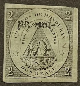 Honduras 1877 'Un Real' Sello Sobreimpresión en Dos Reales Negro sobre Papel Verde - Imagen 1 de 1