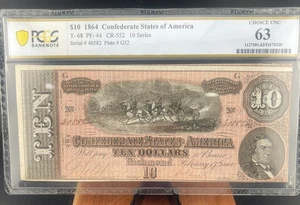 PCGS 63. T-68 $10 1864 Confederate States Civil War Obsolete Banknote Currency - Picture 1 of 7