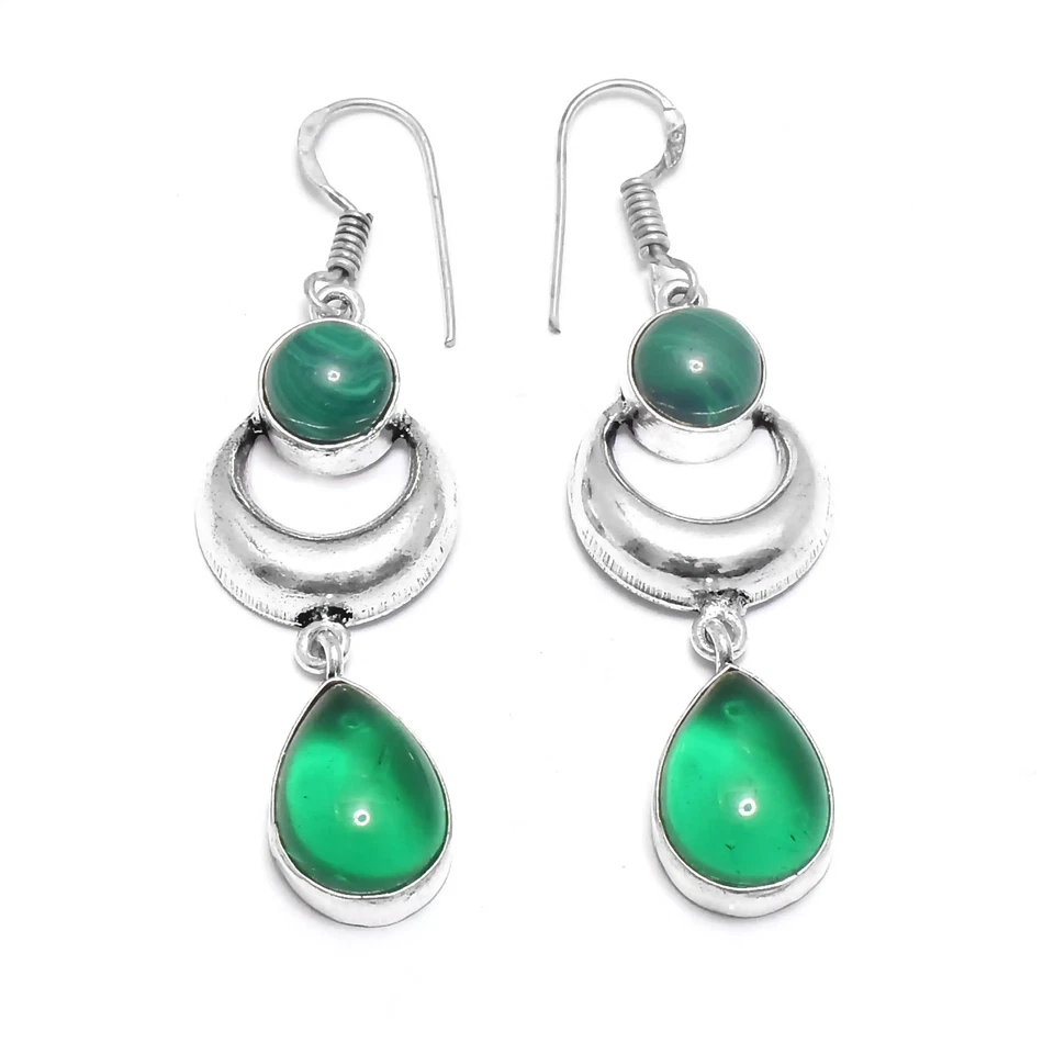 Pendientes colgantes hechos a mano de regalo turquesa ónix verde joyería 2,2" IE-7339 Foto 1 de 1