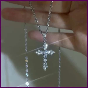 Collar Colgante Cruz Circón Cristal Brillante para Mujer Niñas Punk Color Plata - Imagen 1 de 24