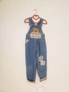Vtg 90s Rachels Kids Overalls Jean Denim Patchwork Sz 4 Cotton Girls Teddy Bear - Picture 1 of 5