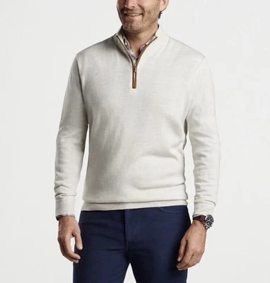 Peter Millar Autumn Crest Suede Trim 1/4 Zip Sweater SZ XL Merino Wool Ivory NWT - Image 1 of 4