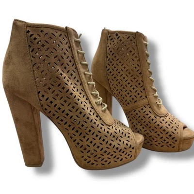 EUC Delicacy Tan Faux Suede Peep Toe Lace Up High Heel Booties Women's SZ 9 - Image 1 of 4