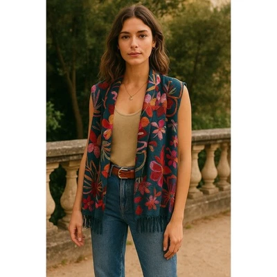 Chaleco Kimono Bordado Soft Surroundings Boho Resort Flecos Capa Floral M Foto 1 de 4