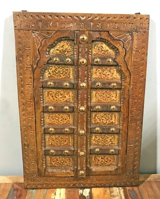 Ancien en Bois Grand Mural Décor Fenêtre Panneau Cadre Fin Sculpté Cuivre Fitt - Photo 1/4