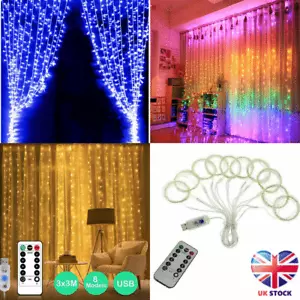 300LED Curtain Fairy String Lights USB Plug in Outdoor Indoor Xmas Wedding UK - Picture 1 of 15