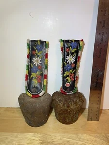 Antique Vtg Swiss Austrian German Metal Cow Bell Hand Wrought Embroidered Strap - Picture 1 of 6