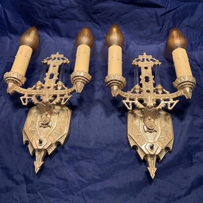 Quality Pair antique yellow brass Arts and crafts Art Deco Wall Sconces 85E - Image 1 of 4