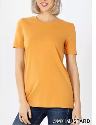 Zenana  1X Cotton Rich Stretch Jersey Crew Neck Boxy Tee Shirt Mustard - Image 1 of 3
