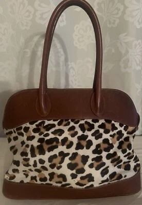 Escada 豹纹马小牛毛皮皮革托特包手提包钱包复古棕色 — 第 1/4 张图片