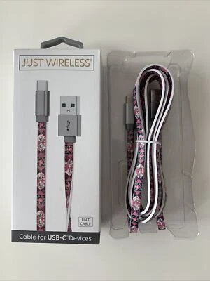 Just Wireless Cable for USB-C Devices 6 FT Flat Cable Floral Extra Length NEW - Image 1 of 4