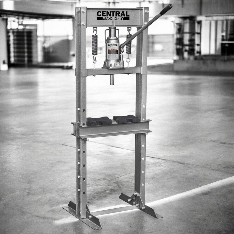 CENTRAL MACHINERY 12 Ton Hydraulic Shop Press With Press Plates H-Frame Steel Floor Press Stand