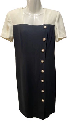 Womens Liz Claiborne Dress Sz 6 Black Cream Front Buttons Vtg Office Career - Image 1 of 4