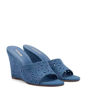 NIB JACKIE BLUE DENIM WEDGE PLATFORM SLIDE SANDALS by LARROUDE 7 - Picture 1 of 9