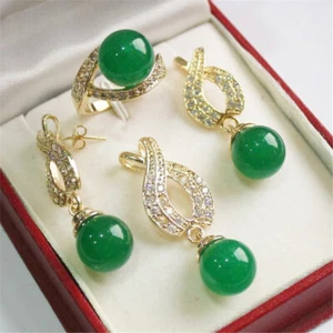 3pcs Set Women Jade Shell Pearl Necklace Earrings Ring 18K Gold Plated Jewelry - Picture 1 of 71