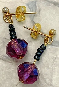 Antique Art Deco Earrings Faceted Czech Amethyst and French Jet Pierced Ears - Picture 1 of 10