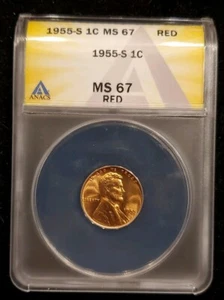 1955 S Lincoln Cent ANACS MS67 RD Gem BU 1955 S full red beauty penny t5961 - Picture 1 of 4