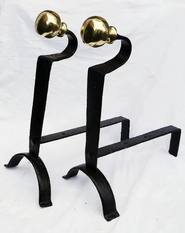 Reclaimed Pair Arts & Crafts Art Nouveau Iron& Brass Fireside Firedogs Andirons Cover