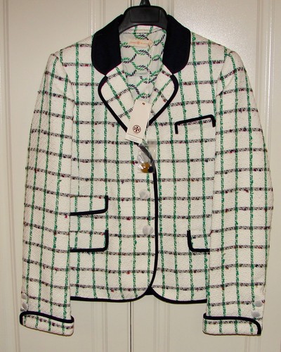 Giacca tweed multicolore nuova con etichette Tory Burch taglia 10 Pocomo misto cotone jetty $595