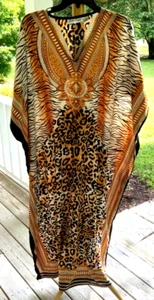 Jessica Taylor Kaftan Maxi Women's One Size Animal Print Bling Resort Boho Flowy - Picture 1 of 8