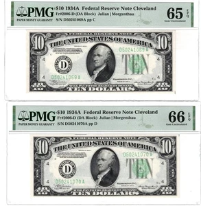 1934-A Cleveland $10 FRN 2 Consecutives PMG 65 & 66 EPQ - Picture 1 of 2