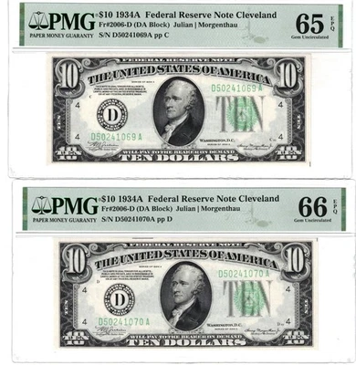 1934-A Cleveland $10 FRN 2 Consecutives PMG 65 & 66 EPQ - Image 1 of 2