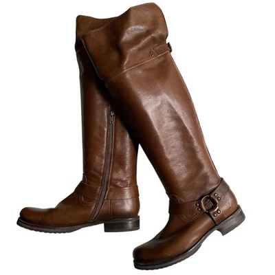 Botas de cuero Frye Verónica para mujer con arnés sobre la rodilla talla 10 coñac ecuestre Foto 1 de 4