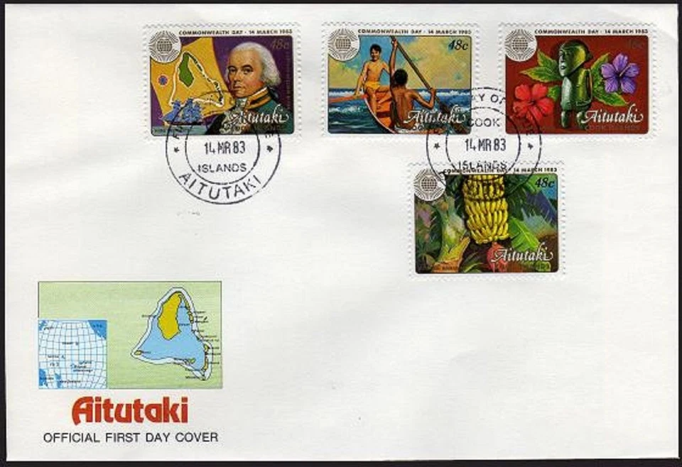 Aitutaki 276-279 FDC. Michel 445-447. Commonwealth Day 1983.Bananas,Canoe,Bligh, - Image 1 of 1