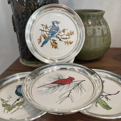 4 SHERIDAN Silver Plate / Ceramic Tile American BIRDS Drink Coasters Barware - Image 1 of 4