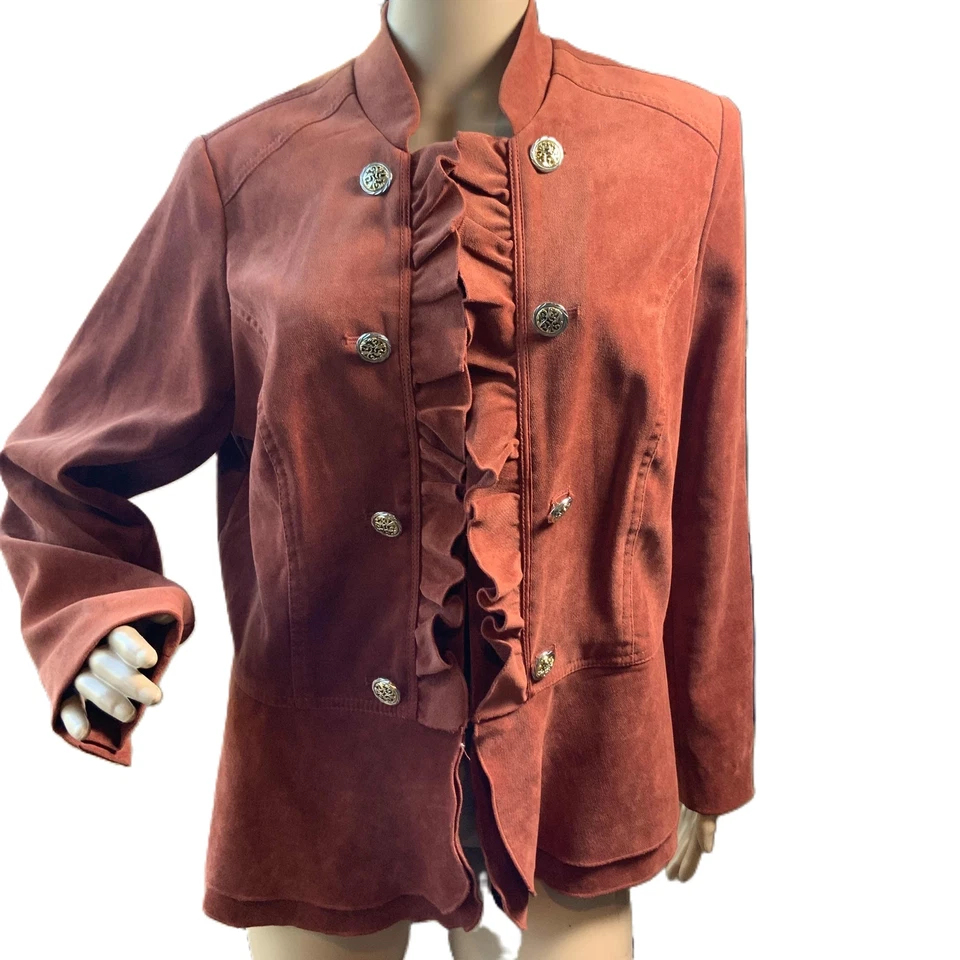 Dressbarn Maroon Ruffled Decorative Buttons Double-Breasted Military Jacket 1X - Image 1 of 4