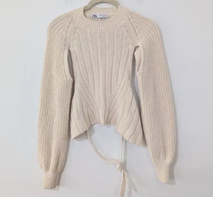 Zara Open Back Grobstrick Pullover Pulli Tie Back gerippt creme beige Gr. XS - Bild 1 von 8