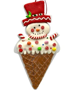 Large Snowman Ice Cream Cone Peppermint Drop Candy Cane Christmas Ornament - Picture 1 of 4