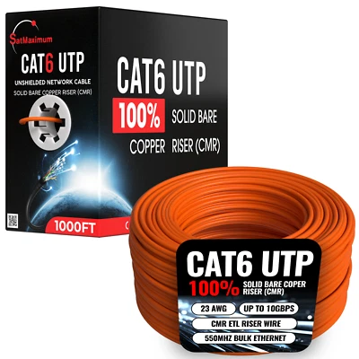 1000ft CAT6 CMR ETL Riser Ethernet Cables 23AWG Solid Bare Copper Wire Orange - Image 1 of 4