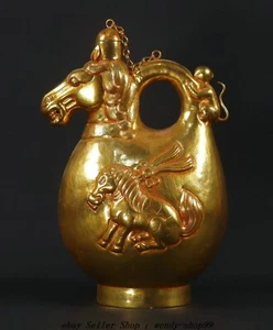 8" Old Tang Dynasty Copper Gold Gilt Monkey Horse Milk Wine Tea Pot Flagon - Picture 1 of 9