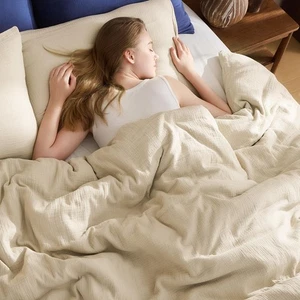 Juego de funda nórdica de algodón muselina bronceado claro talla queen lino suave transpirable... - Imagen 1 de 8