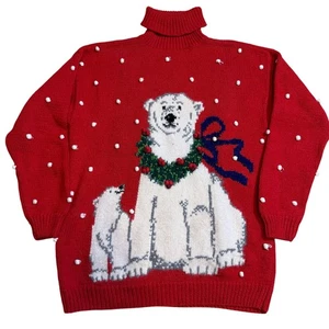 Marisa Christina Red Christmas Sweater Polar Bear Turtleneck 3D Pom Pom Vintage - Picture 1 of 9