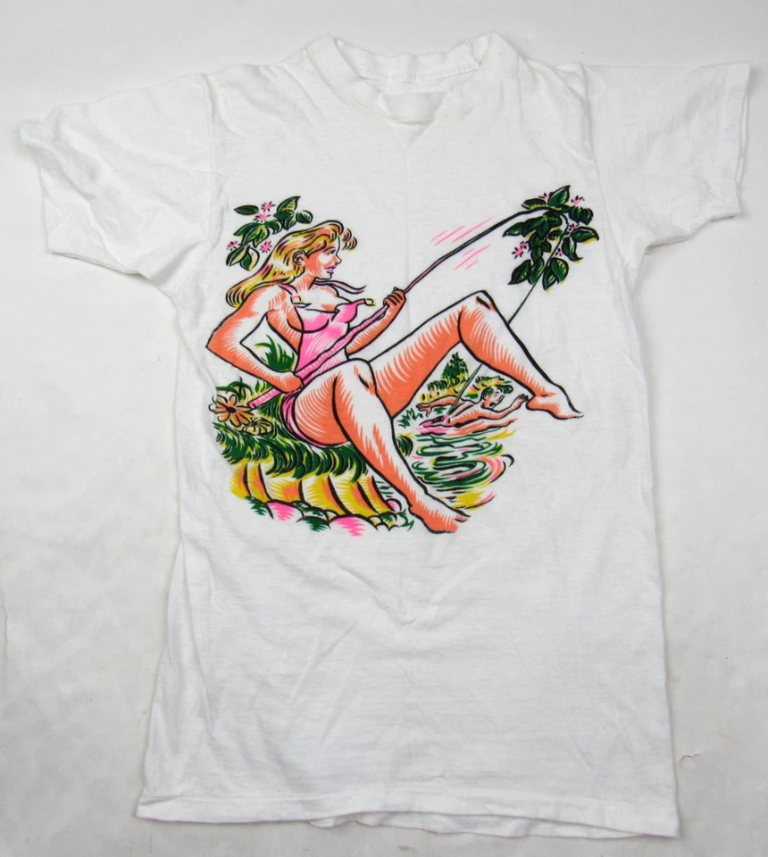 Vtg 1950's Pin-up Novelty Print Shirt Woman Fishing for Man Funny Mid Century - Image 1 of 4