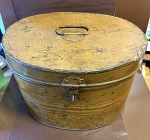 Antique Oval Storage Hat Box - Vintage Metal Top Hat Box - Tin with Hasp - Picture 1 of 13