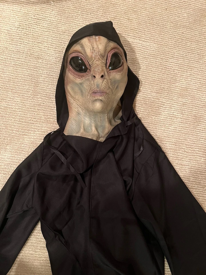 Halloween Costume Alien Monster Mask + Black Cape Adult- ET-Bulging Eyes - Image 1 of 4