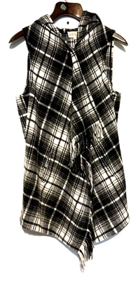 Chaleco Chaqueta Jolt Negro Franela a Cuadros Con Capucha Sin Mangas L Flecos Dobladillo Grunge Boho Foto 1 de 4