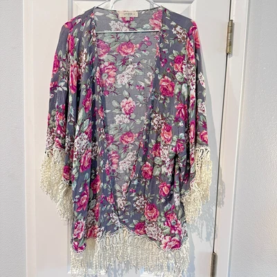 Umgee + Kimono Open Cardigan 1XL Floral Fringe Bohemian Fairy Whimsical Festival - Image 1 of 4
