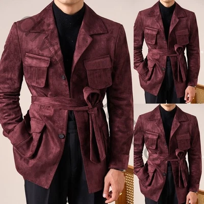 Burgundy Suede Men's Suits Safari Jacket with Belt Wedding Outdoor Hunting Coat - Image 1 of 4