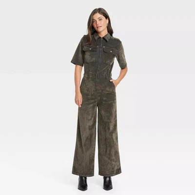 Women's Holiday Short Sleeve Flocked Denim Jumpsuit - Universal Thread - Image 1 of 4